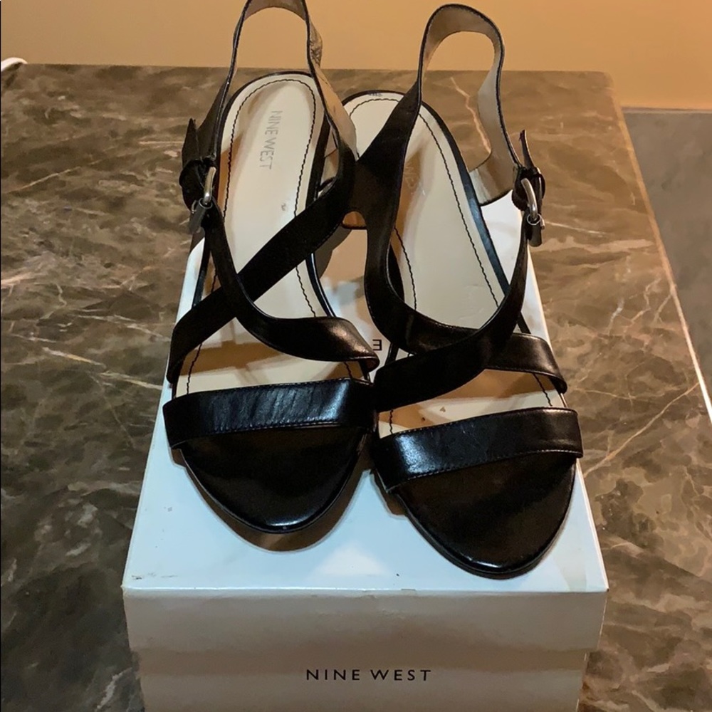 Nine West Black leather sandal heels